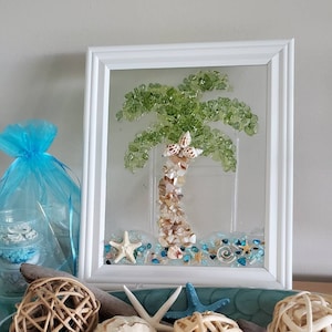 Kit, do it yourself (DIY) resin art kit, sea glass picture, shell art, crafting gift, home crafting. Craft kits. Palm tree, coastal home.
