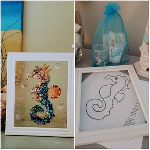 Kit, do it yourself (DIY) resin art kit, sea glass picture, shell art, crafting gift, home crafting. Craft kits. Seahorse.