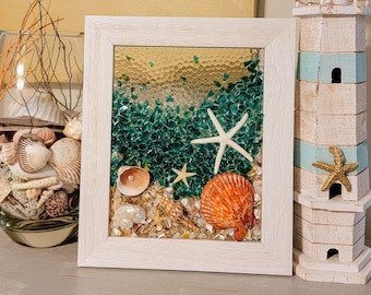 Beach Resin Art: Turquoise Glass & Shell Wall Decor