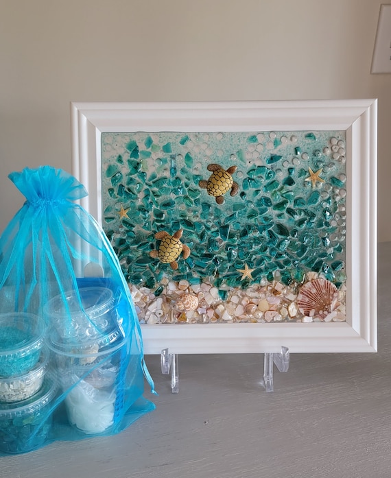 Kit, Do It Yourself DIY Resin Art Kit, Sea Glass Picture, Shell Art,  Crafting Gift, Home Crafting. Craft Kits. Turtle. 