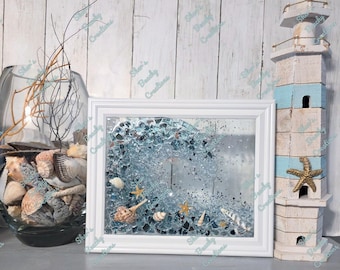 Resin Wave Art: Aqua Blue Beach Decor with Shells