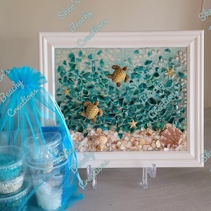 DIY Crushed Glass Art Kit. Teal Terrazzo Glass & Shells, Crafting Gift