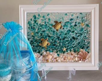 DIY Crushed Glass Art Kit. Teal Terrazzo Glass & Shells, Crafting Gift