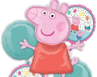 Peppa Pig Balloons Group of 5 comprende 1- 32 "Peppa Pig Foil, 2- 18" Peppa Pig 18" Foils, 2-Solid Color Foils 18"