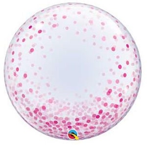 May include: A large, clear bubble balloon with pink confetti inside. The balloon is inflated and ready to be used.