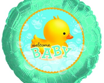 May include: A teal blue foil balloon with a yellow rubber ducky in a bathtub of bubbles. The balloon has the text "welcome baby" on it.