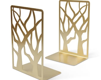 Matte Silver Bookends Pair: Modern Tree Design, Heavy Duty Iron