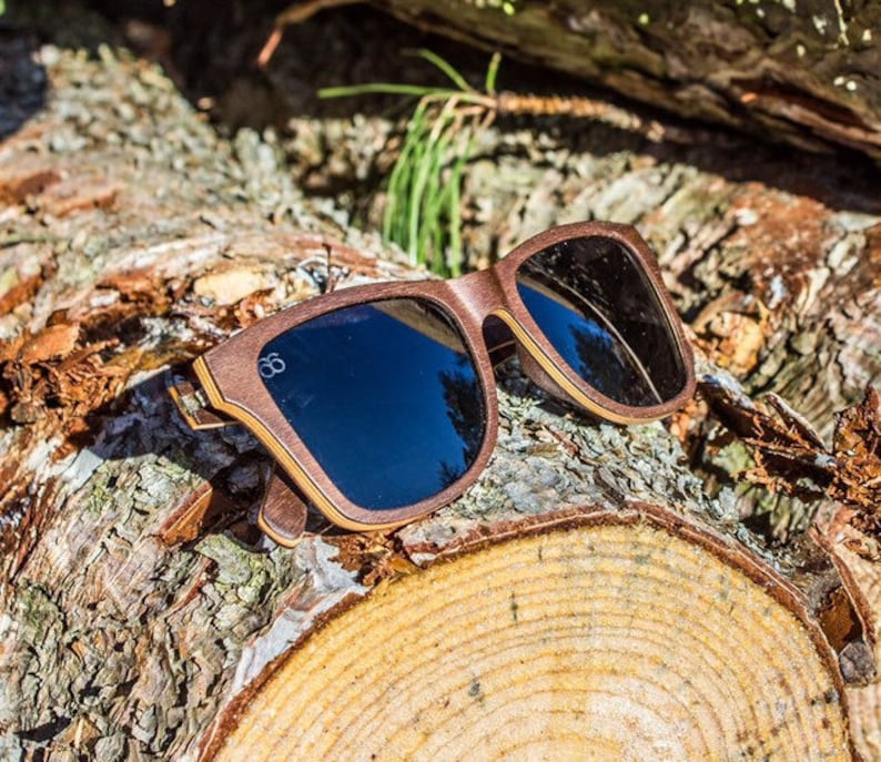 Peut inclure: Lunettes de soleil en bois brun avec des verres fonc&eacute;s. Les lunettes sont pos&eacute;es sur un tronc d'arbre.