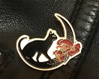 Black Cat Enamel Pin, Moon Pin