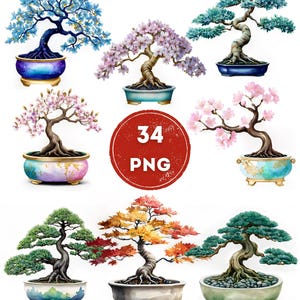 May include: Digital illustration of nine bonsai trees in various styles. The trees feature colorful foliage, including blue, pink, green, and orange, and are planted in decorative pots. The image includes the text "300 DPI" and "DIGITAL DOWNLOAD".