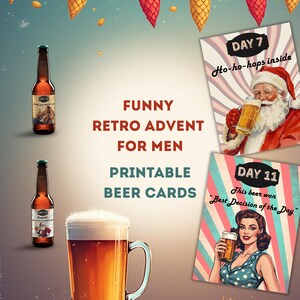 May include: A festive image featuring beer bottles, a filled beer mug, and retro-style advent calendar cards. The cards display images of Santa Claus and a woman, with text like "Ho-ho-hops inside" and "Best Decision of the Day."