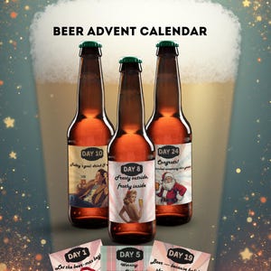 May include: A beer advent calendar with three brown beer bottles with green caps. Each bottle has a label with a different day and festive illustrations. The text "BEER ADVENT CALENDAR" is at the top.