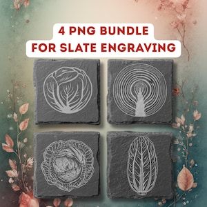 May include: A digital download image featuring four square slate coasters with engraved botanical designs. The coasters are arranged in a square, each displaying a different plant illustration. Text reads "4 PNG BUNDLE FOR SLATE ENGRAVING" and "DIGITAL DOWNLOAD".