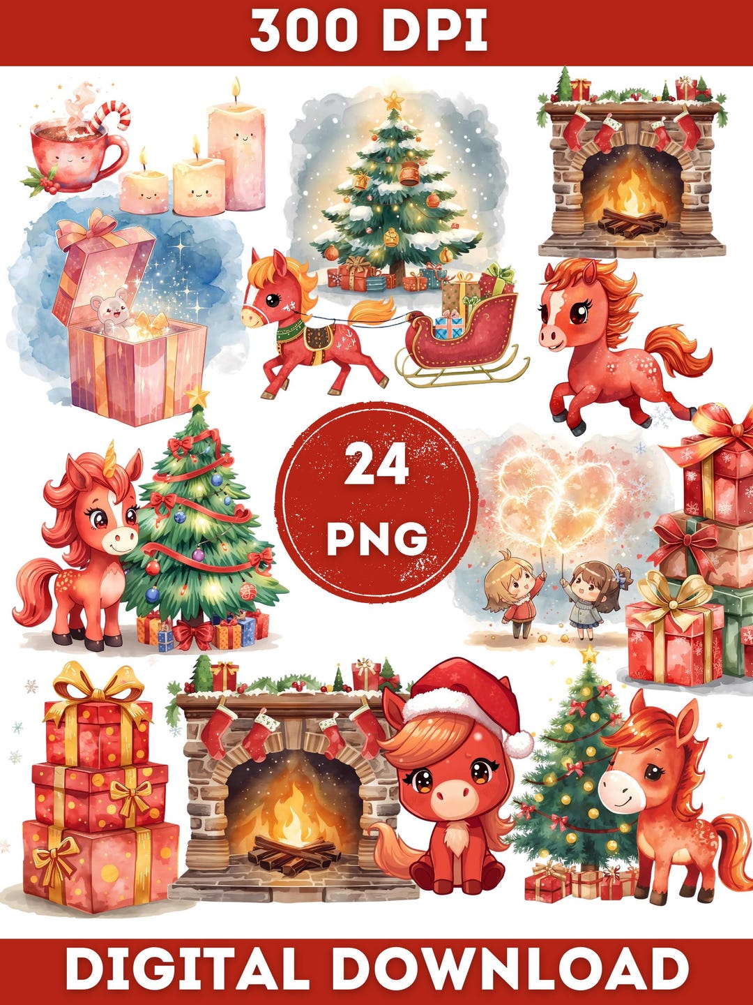 Christmas Pony PNG Clipart Set: Watercolor Holiday Ponies (digital ...