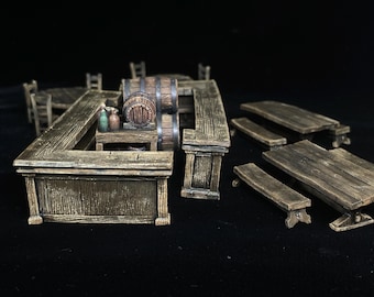 Bar/Tavern set, Tables, bar, tavern furniture - Painted miniature - D&D - Frostgrave - Pathfinder - RPG