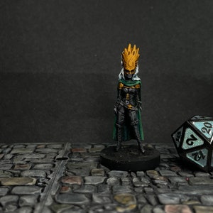 Puede incluir: Figura en miniatura de fantasía de una guerrera con corona dorada y capa verde. La figura está pintada en negro y dorado, de pie sobre una base negra. Un dado de veinte caras está en primer plano.