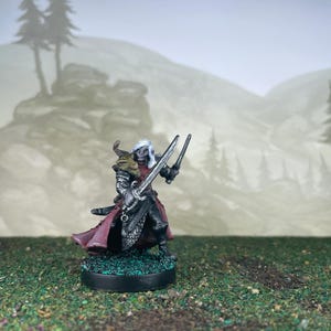 May include: Miniature fantasy figure of a warrior with white hair, holding two swords. The figure wears black armor with red accents and a flowing cape. The base is dark green, set against a backdrop of a misty landscape.
