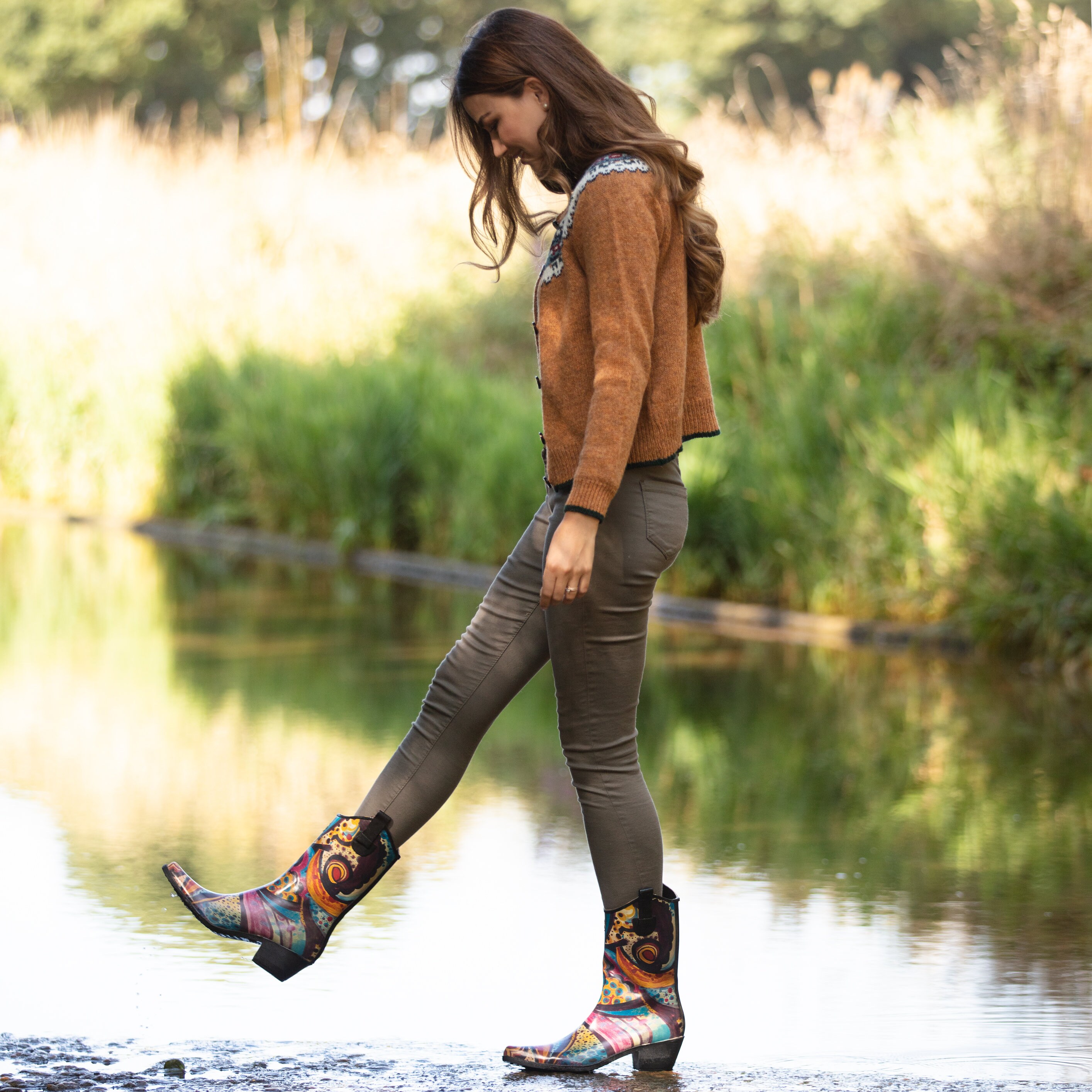 Floral Patterned Rain Boot With Western Heel - Talolo Floral Bliss