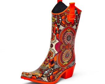 Orange patterned western style rain boots - Aztec Funk Talolo Boots