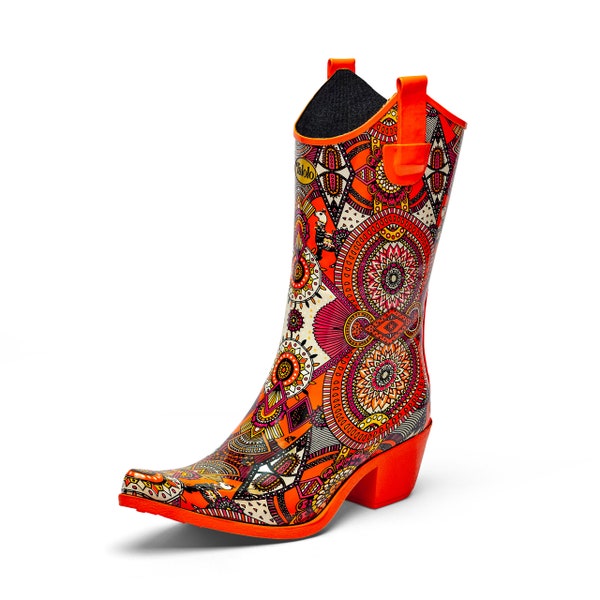 Orange patterned western style rain boots - Aztec Funk Talolo Boots