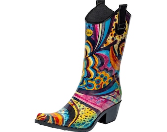 Floral Patterned Rain boot with Western Heel - Talolo Floral Bliss