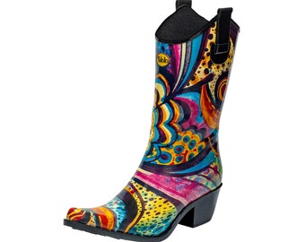 Floral gemusterter Gummistiefel mit Westernabsatz - Talolo Floral Bliss