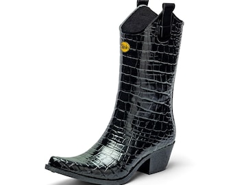 Black Mock Croc Western Style Waterproof Boot - Talolo Boots