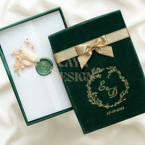 Wedding Box Set | Emerald Green Velvet Box | Unique Vellum Jacket Wax Seal & Flower | Customizable Luxury Design | For Rustic Weddings