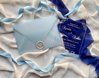 Blue Transparent Horizontal Wedding Invitation with Wax Seal & Option to Flower | Quinceañera | Save the Date | RSVP Cards | Celebration