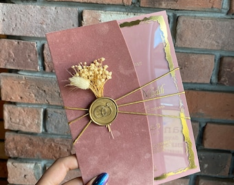 Luxury Velvet Wedding Invitation | Dusty Rose Half-Fold Invitation with Dried Flower & Wax Seal | Quinceañera | Save the Date | RSVP Cards