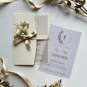 Faire-part de mariage floral de luxe | Entièrement personnalisable | Enveloppe en papier blanc cassé + carte de vœux + ruban + fleur | Autres couleurs possibles