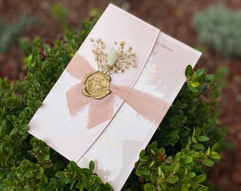 Rose Gold Paper Half-Fold Wedding Invitation with Real Flower & Wax Seal | Quinceañera | Save the Date | RSVP Cards | Celebration | Vow Ren.