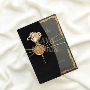 Luxury Black Velvet Half-Fold Wedding Invitation with Real Flower & Wax Seal | Quinceañera | Save the Date | RSVP Cards | Celebration