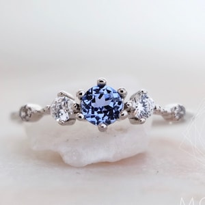 Light Blue Ceylon Sapphire and Moissanite Three Stone Ring, Vintage Inspired Ring