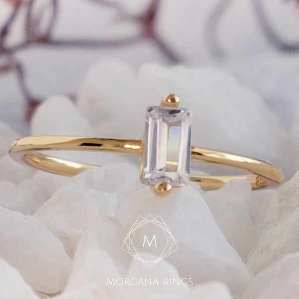 Baguette Cut Minimalist Ring • Simple Ultra Thin - Dainty Gold Plated Sterling Silver Ring