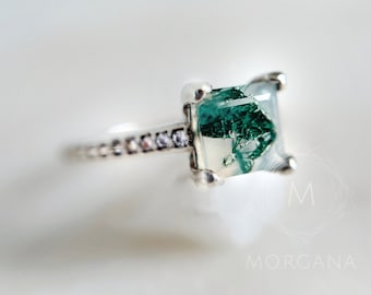 Unique Moss Agate Step Cut Ring