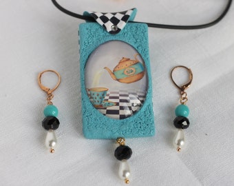 Half-set short necklace with pendant, glass cabochon, Alice in Wonderland teapot, and matching earrings.