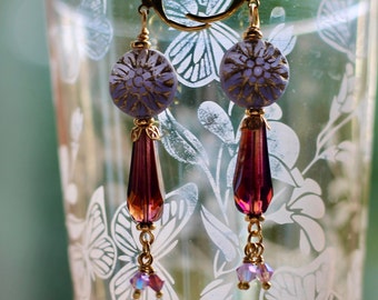 Purple purple and gold earrings, Bohemian glass beads, purple flower and purple drop, gold finish, brass earrings