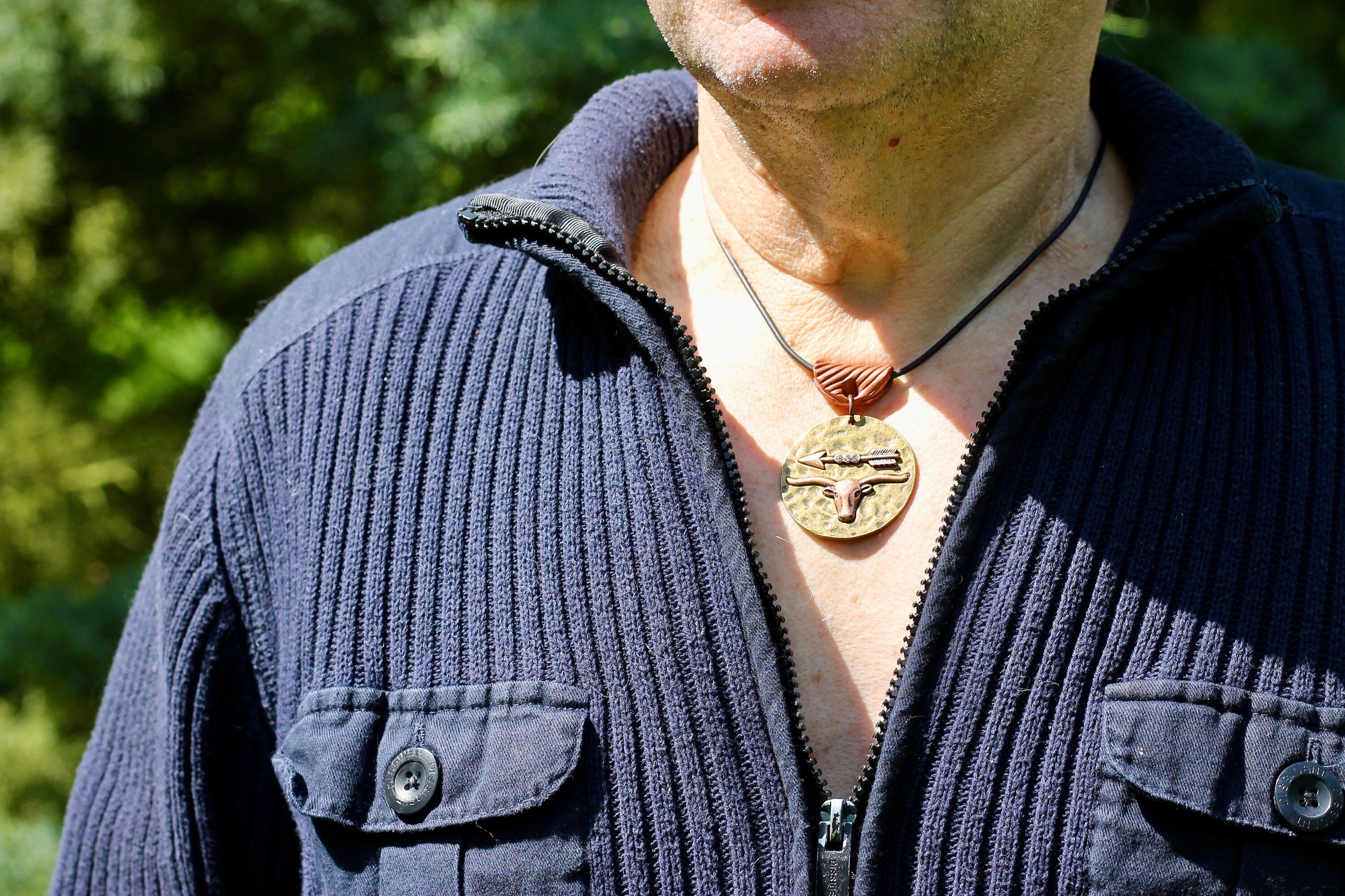 Men's Short Necklace, Black Rubber Cord Choker, Bronze