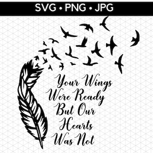 Puede incluir: Diseño gráfico en blanco y negro con una pluma de la que salen volando pájaros. El texto dice "Tus alas estaban listas pero nuestros corazones no lo estaban".