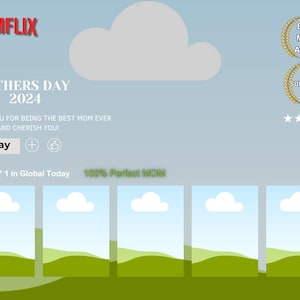 May include: A digital graphic for Mother's Day 2024, featuring the text "MOMFLIX" and "Thank you for being the best mom ever." The design includes a play button, cloud graphics, and awards for "Best Mom" and "Best Supporting Cast."