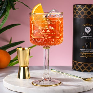 Personalised Gin Glass with Gold Rims + Your Choice of Initial  | Large Gin Glasses for Women with Gold Cocktail Spoon & Jigger