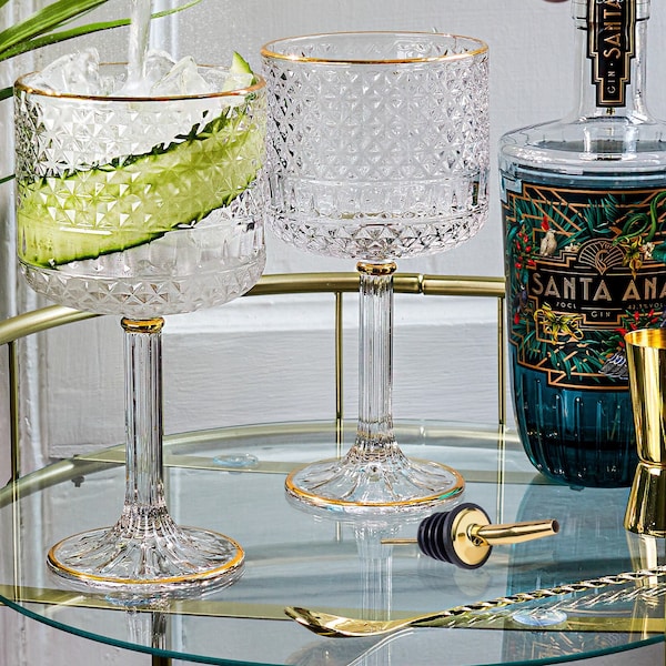 Luxury Gin Glasses -  2 x Embossed Cocktail Glasses with Gold Detailing | Gold Bar Spoon, Double Spirit Measure & Spirit Pourer