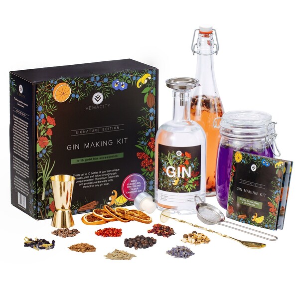 The Signature Edition Gin Making Kit- Make 10 Large Bottles of Classic, Colour-Changing & Pink Gin. 13 Organic UK Botanicals - Perfect gift!