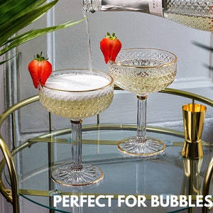 Luxury Coupe Cocktail Glasses Set of 2- Embossed Lounge Bar Quality Champagne Glasses/Champagne Saucers with Gold Detailing -