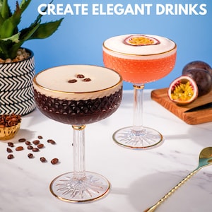 Luxury Coupe Cocktail Glasses Set of 2- Embossed Lounge Bar Quality Champagne Glasses/Champagne Saucers with Gold Detailing- Martini Glasses