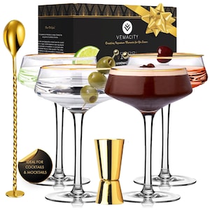 Martini Glasses Set of 4 with Gold Rims | Vintage Glassware with Gold Bar Spoon & Double-Sided Jigger | Champagne Coupe Cocktail Glasses