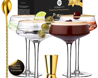 Gold Rim Crystal Coupe Glasses Set: Vintage Cocktail Barware (PDF Recipe E-book Included