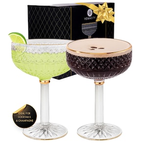 Luxury Coupe Cocktail Glasses Set of 2- Embossed Lounge Bar Quality Champagne Glasses/Champagne Saucers with Gold Detailing- Martini Glasses