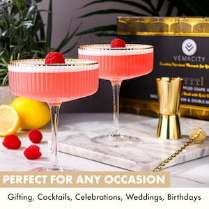 Gold Rim Ribbed Coupe Glasses Set: Vintage Cocktail Barware with Jigger & Spoon